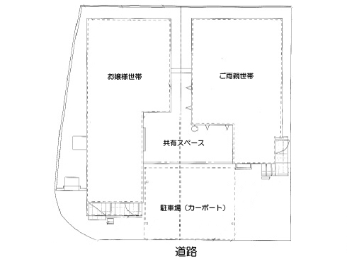 ２世帯の共有の場としてのタイルテラス　平面図